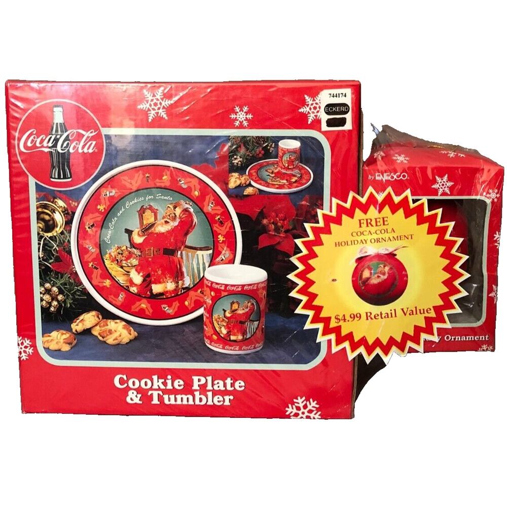 Vintage 1998 Coca Cola Santa Plate Tumbler Ornament Set NIB